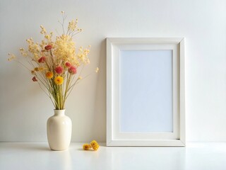 Minimalist White Interior Mockup: Landscape Frame with Dried Flowers