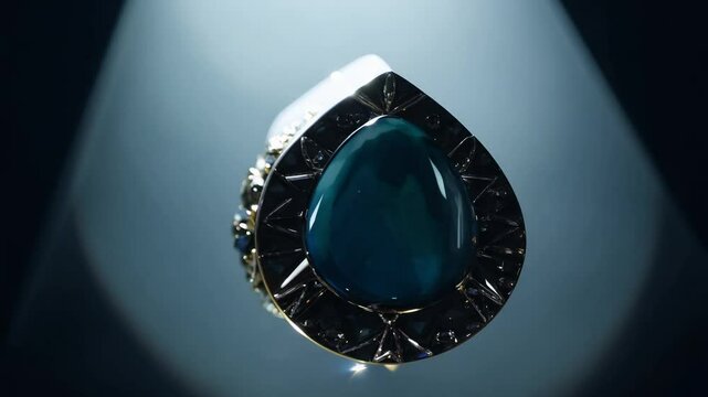 Slow motion video, an onyx brooch floats upwards, illuminated by a single beam of light, the deep black of the onyx appears polished under the spotlight