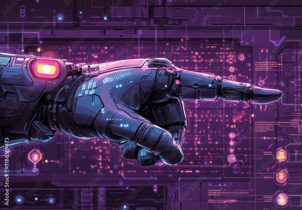 Poster futuristic robotic hand pointing in a digital high-tech cybernetic environment