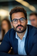 Obraz premium Caucasian young male with glasses in blue blazer in office setting