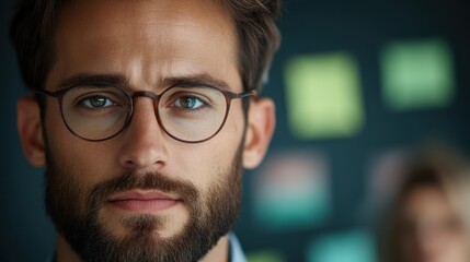 Obraz premium Young caucasian male with glasses and beard staring intently