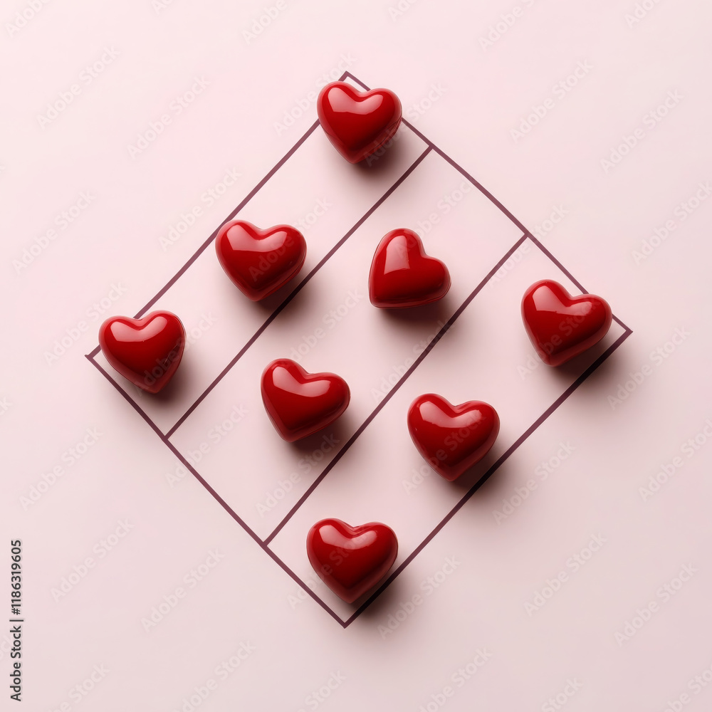 Poster tic tac toe game featuring red hearts on pink background, creating playful and romantic atmosphere. 