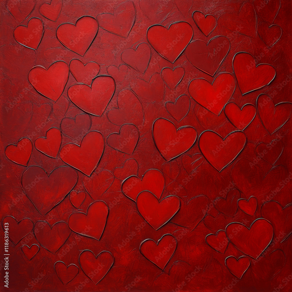 Poster textured background with embossed red hearts on deep red surface, creating romantic and warm atmosph