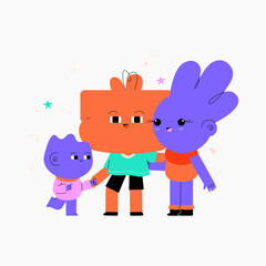 Happy family gathering with parents and children enjoying together, perfect for family unity, bonding, love, and parenting themes, flat vector illustration, isolated on white background