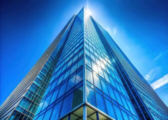 Modern Glass Skyscraper, Low Angle View, Blue Sky, Minimalist Architecture, Cityscape