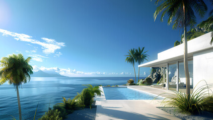 modern villa with a pool and garden, overlooking the sea on a sunny day. The blue sky is dotted with palm trees, and the green grass complements the modern architecture