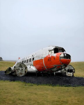 Abandoned DC-3 Plane Wreck on Iceland&rsquo;s Black Beach Surrounded by Misty Skies, a Haunting Yet Iconic Relic of Aviation History in Stark Landscapes