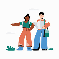 Couple exploring outdoors with map and pointing in flat vector illustration symbolizing navigation, teamwork, and travel planning, isolated on white background.