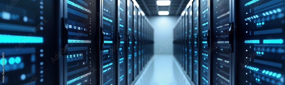 Poster rows of dark server racks fill data center. bright blue lights highlight tech equipment, data flow. 