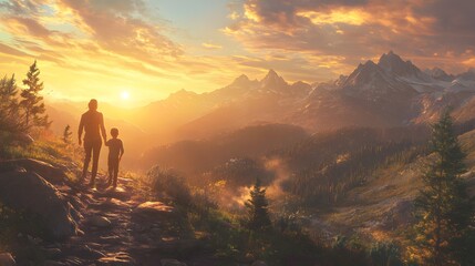 Fototapeta premium Mother and Son Hiking Majestic Mountain Sunset