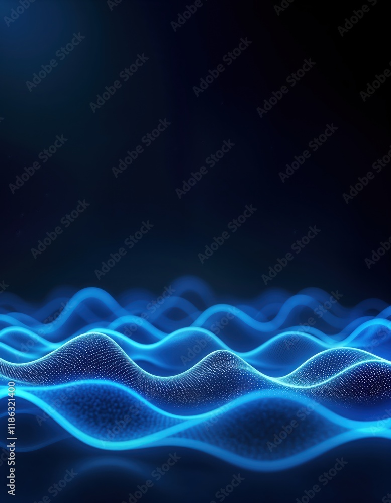 Aufkleber Abstract futuristic tech background with vibrant blue glow. Dynamic wave patterns create modern design. Suitable for websites posters. Illustration evokes sense of innovation, digital connectivity.