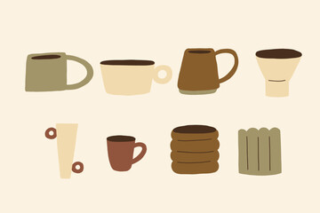 Obraz premium Hand Drawn Set Greek Organic Ceramic Clay Mugs. Pottery Shape Collection Silhouette Decor Elements. Vector Illustration