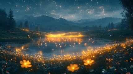 Illustration - Enchanting Night Meadow with Glowing Flowers and Lake