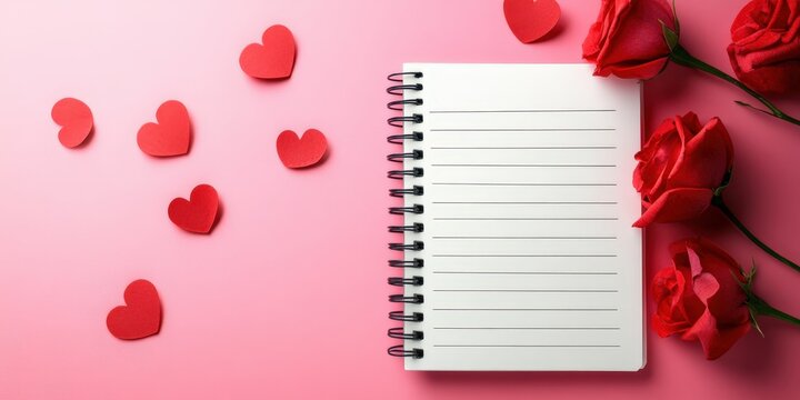 A romantic scene unfolds with a notebook and pen, surrounded by vibrant red roses, perfect for heartfelt notes on Valentine's Day.