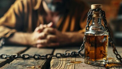  a man sitting at a table with a bottle of alcohol in chains symbolizes the struggle with addiction. Suitable for articles about overcoming alcoholism and rehabilitation programs.