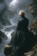 Obraz premium Woman in black, seated, overlooking stormy sea.