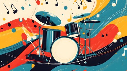 Abstract Drum Set with Musical Notes and Colorful Swirls