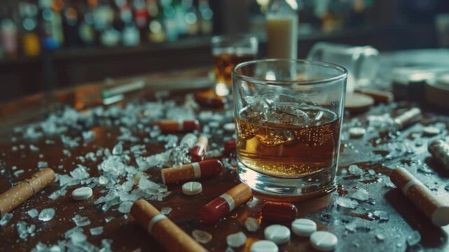A glass of whiskey and cigarettes on the table can be used to illustrate articles about the harm of smoking and alcohol, as well as in materials devoted to the fight against bad habits.