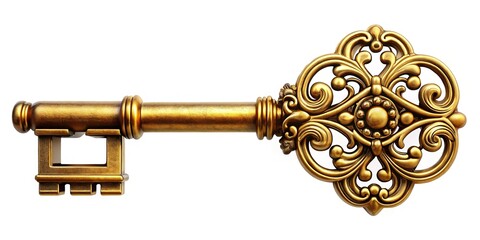 Ornate Golden Key Clipart - Vintage Style Key Illustration on White Background
