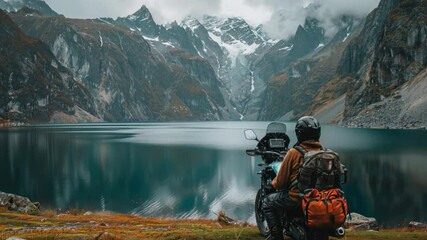 A motorcyclist in full gear against a backdrop of majestic mountains and a tranquil lake. Suitable for blogs about adventures and traveling by motorcycle.