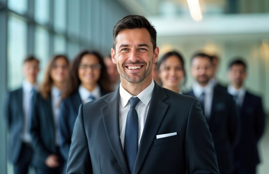Confident man in business suit stands in front of group of potential team members. Business event job interview. Positive, welcoming atmosphere. Corporate environment, office building. Diversity of