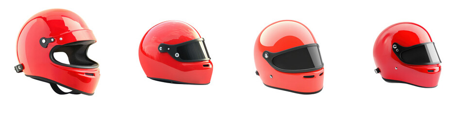 Fototapeta premium Collection of red racing helmets showcasing the latest design and technology for extreme motorsport enthusiasts seeking speed performance and safety