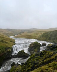 Iceland's Majestic Waterfall Cascades Through Lush Green Valleys on a Misty Day: A Captivating Glimpse of Nature's Untamed Beauty and Flowing Rivers