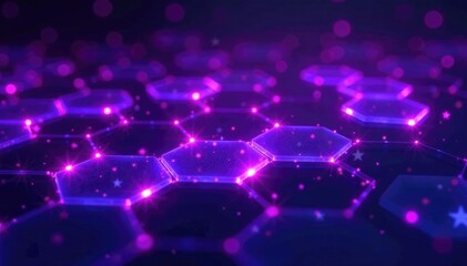 Glowing purple hexagonal cells with starfield background, grid, neon, glowing