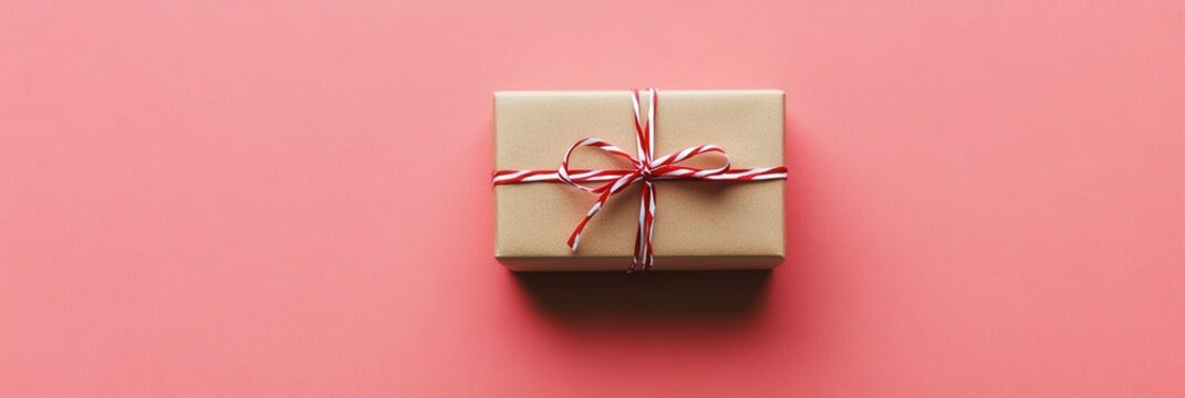 A charming gift wrapped in rustic brown paper, adorned with a bright red ribbon, awaits to express love on Valentine's Day, sparking joy and anticipation.