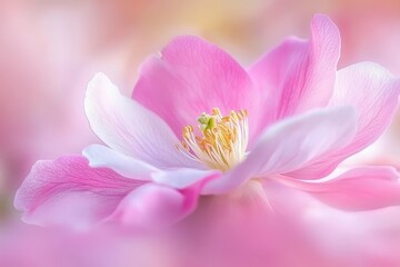 Delicate Pink Flower with Soft Petals and Vibrant Stamen on a Gentle Pastel Background Representing Natural Beauty and Serenity in Floral Photography