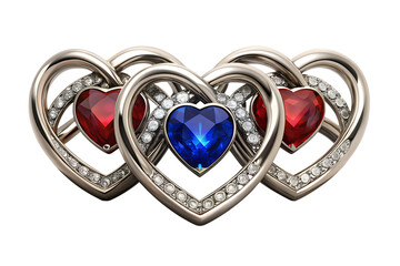 Three intertwined hearts made of metal and decorated with precious stones. In the center of each heart is a large heart-shaped stone: two red ones on the sides and one blue one in the center. 