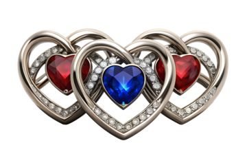 Three intertwined hearts made of metal and decorated with precious stones. In the center of each heart is a large heart-shaped stone: two red ones on the sides and one blue one in the center. 