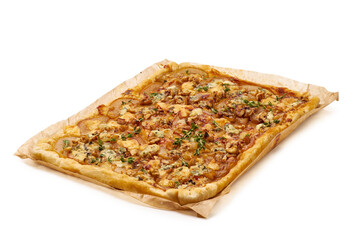 Home-baked rustic galette with pear, blue cheese, walnuts and honey on a white bacground.