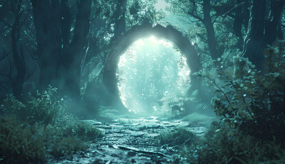 mystical forest gate with a glowing portal, leading to an enchanted world filled with magical creatures and ancient forests.
