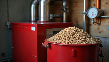 Red pellet stove, container filled with biomass fuel in boiler room. Alternative energy source for eco-friendly home heating. Modern eco-friendly tech for sustainable future. Practical biomass