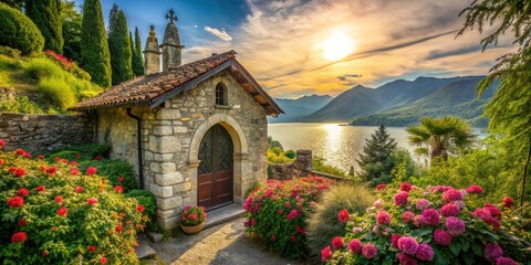 Naklejka premium Romantic Old Chapel in Varenna's Rose Garden, Lake Como, Italy