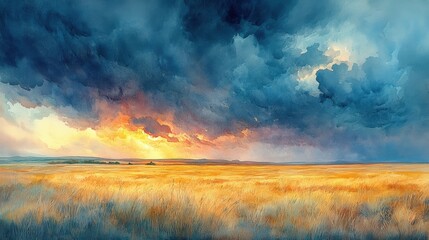 Fototapeta premium Golden field, dramatic sunset, stormy sky.