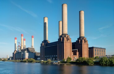 Massive power plant by Rhine river in Karlsruhe Germany. Industrial structure generates electricity, district heating. Huge brick building with tall chimneys. Modern tech, old style building. Eco