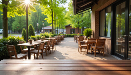 Serene outdoor caf&eacute; seating area in the early morning light, highlighting tranquility and dappled shadows among greenery