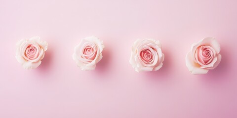 Three delicate pink roses bloom gracefully against a soft pink backdrop, embodying love and tenderness, perfect for celebrating Valentine's Day.