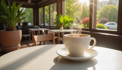 Freshly brewed cup of coffee on a sunny café table with plants and soft shadows in a serene morning atmosphere