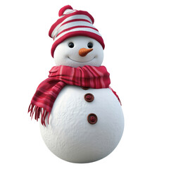 Snowman with striped hat and red scarf isolated on transparent background, PNG 