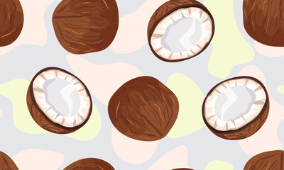 Seamless background with coconuts Vector template of tropical coconut pattern for print, textile, postcard, background, packaging Coconut pattern