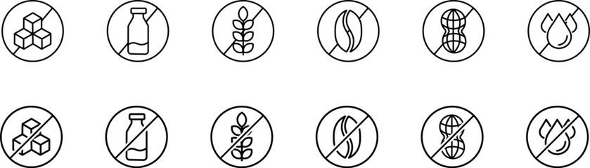 No Allergen free Allergen icons set. Allergen free products. Product warning symbols. Lactose, gluten, sugar, corn, soy, nut free, caffeine sign