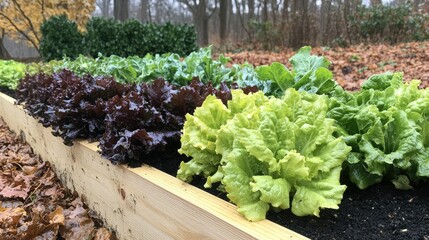 Raised garden bed with various types of lettuce.