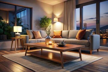 Fototapeta premium Cozy minimalist living room, night scene. Wooden coffee table centers a warm, inviting space.