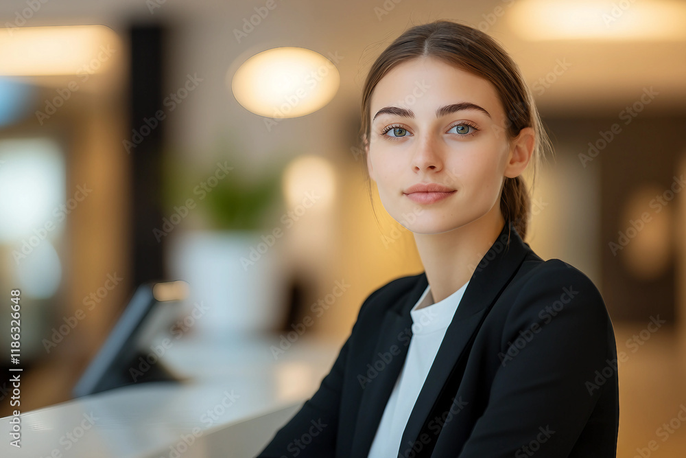 Poster happy receptionist talking to a customer at health spa generative ai image