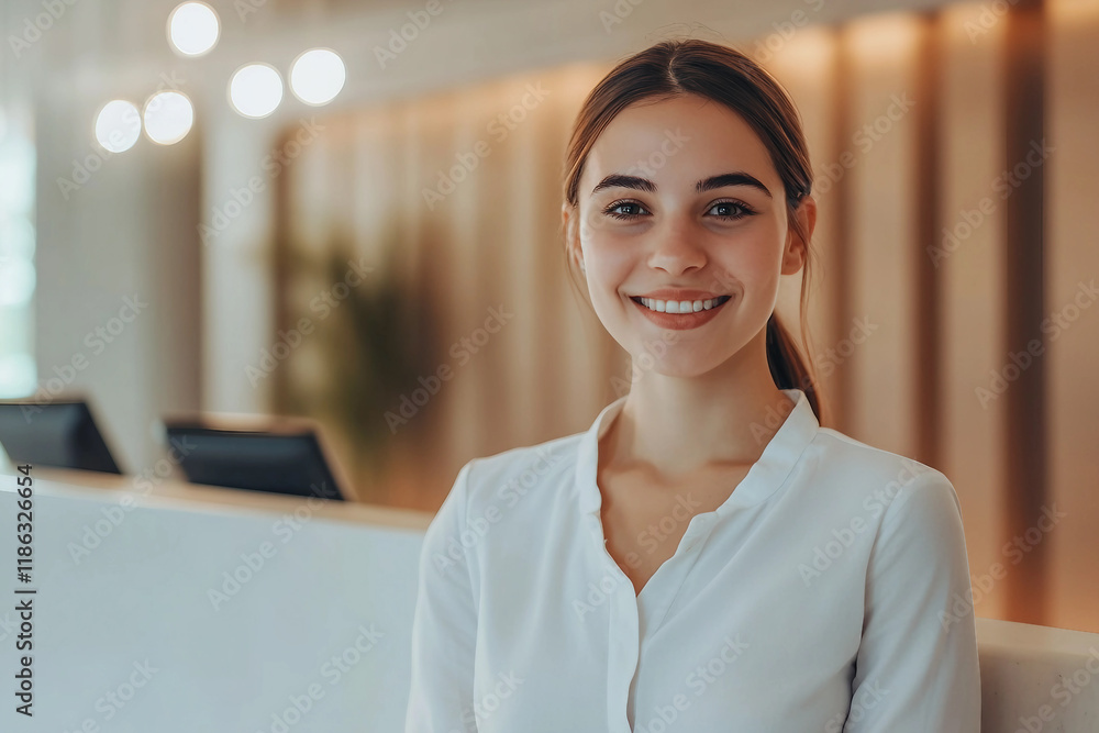 Poster happy receptionists cooperating while working on computer at hotel front desk, generative ai image