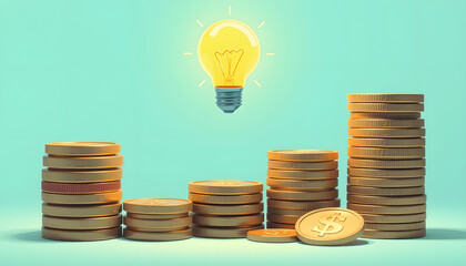 Coins grow in a stack with a light bulb. Saving energy and money idea for saving money income concept, clipart style, with white tones