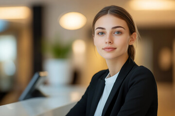 Happy receptionist talking to a customer at health spa generative AI image